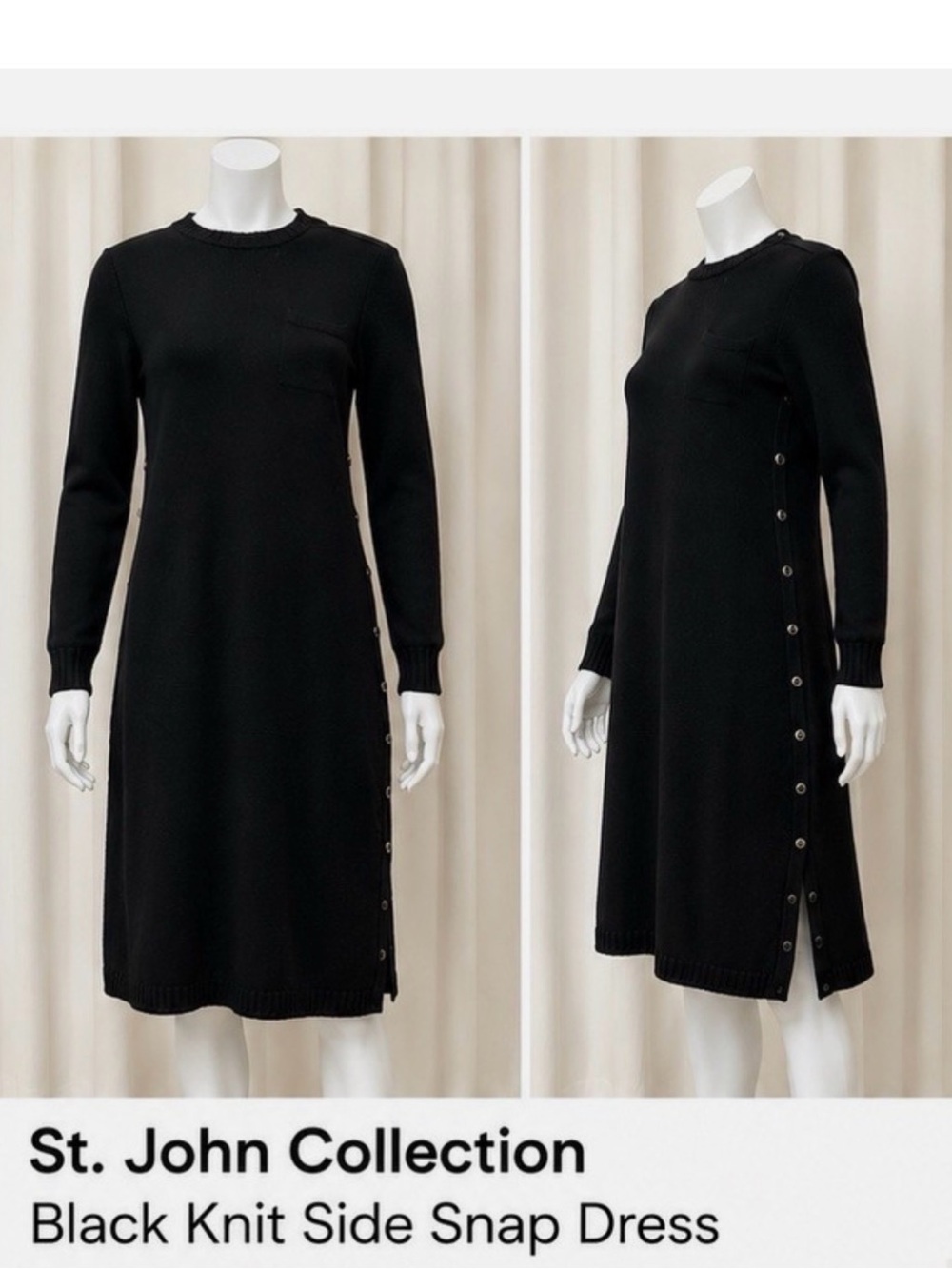 St. John Collection Black Long-Sleeve Knit Side-Snap Dress